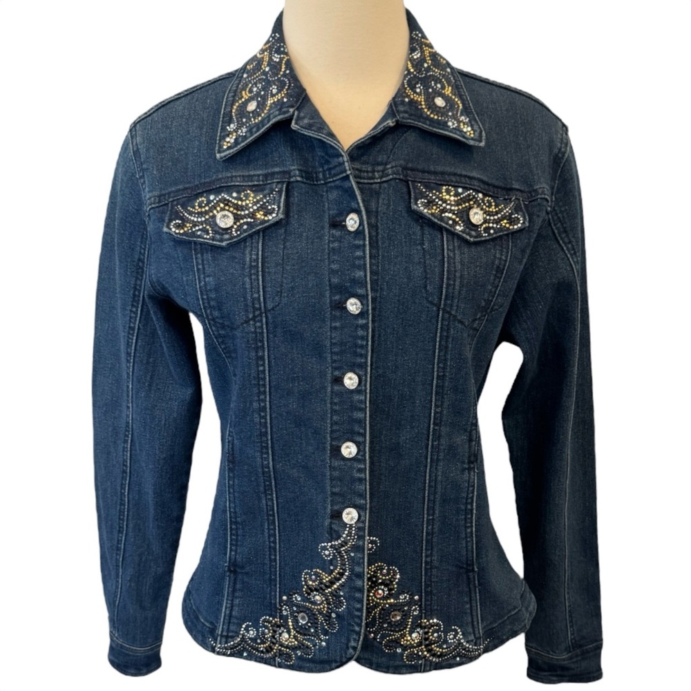 🔥Christine Alexander Swarovski Crystal Stretch Denim Fitted Jean Jacket Blazer M